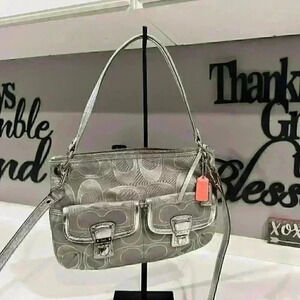 COACH POPPY HIPPIE Metallic SILVER GRAY Signature Crossbody Shoulder Purse